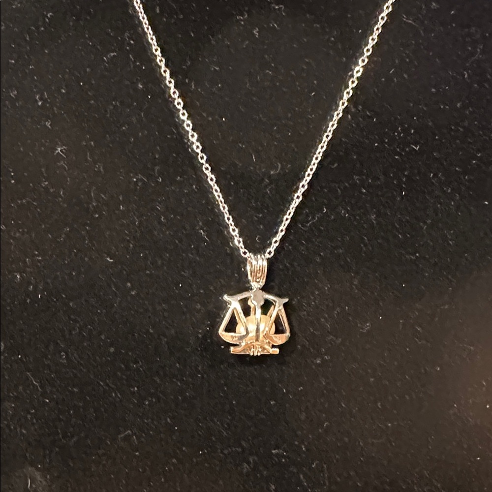 Silver Scales of Justice, Libra Pendant Necklace with a Fresh water Pearl.